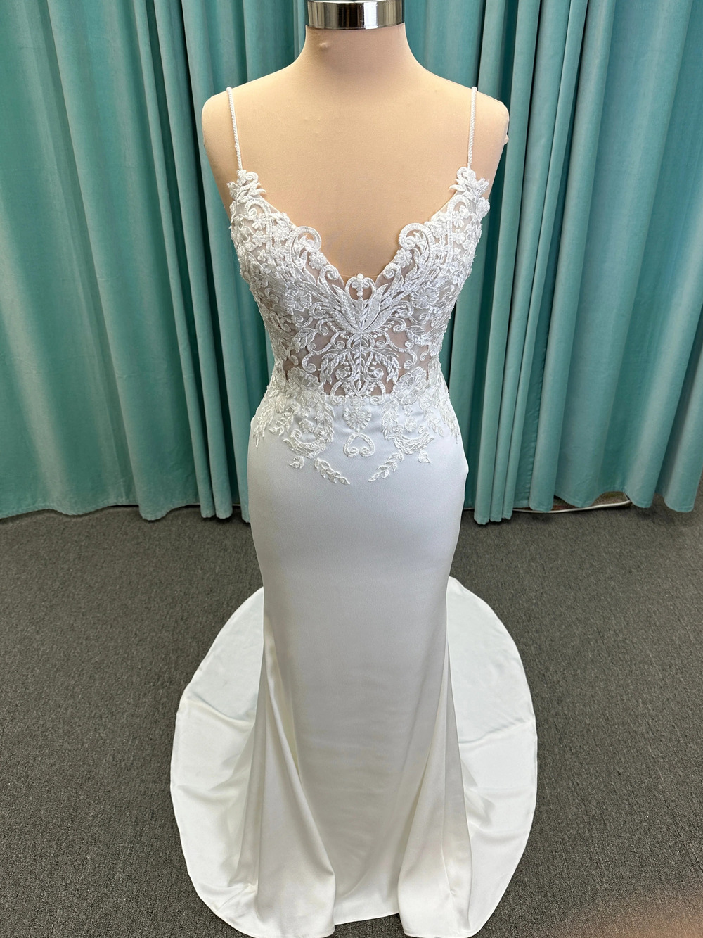 Calliope V-Neck Spaghetti Strap 3D Floral Lace Applique Fit-and-Flare Wedding